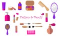 Lipstick, cream, jar, mascara, perfume, bottle, eye shadow, mirror, comb, lips, brush on a white background